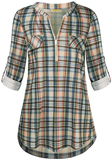 Hotouch Women's Plaid Shirts Casual Notch V Neck Blouse Cuffed Long Sleeve Pullover Soft Tunic Tops