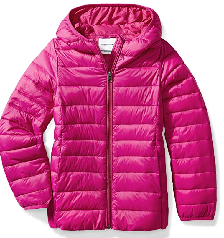Essentials Girls Lightweight Water-Resistant Packable Hooded Puffer Jacket