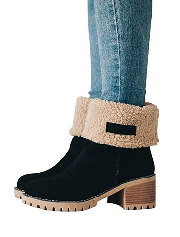 women cute warm short boots suede chunky mid heel round toe winter snow ankle booties