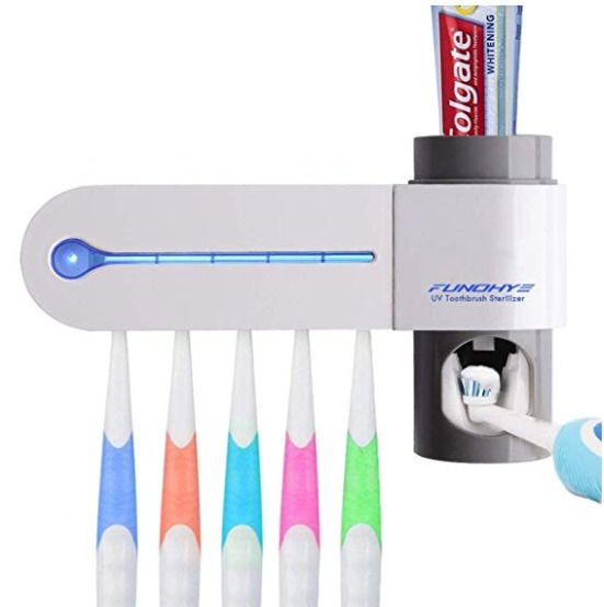 Toothbrush sanitizer and toothpaste dispenser