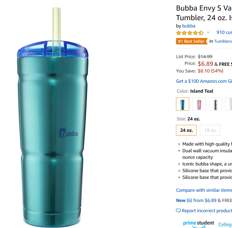 bubba Envy S Vacuum-Insulated Stainless Steel Tumbler with Straw, 24 oz,  Island Teal
