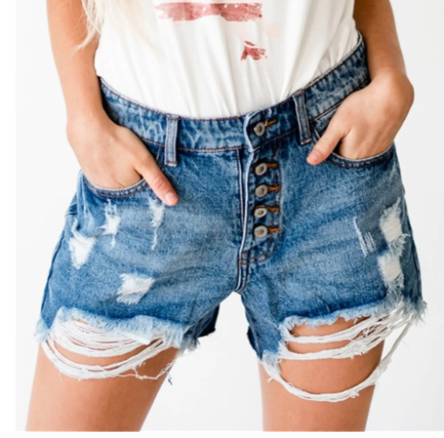 Button distressed jean shorts