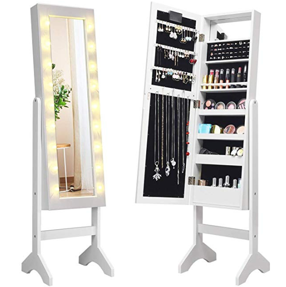 Storage Mirror With Led Lights, Full Length Mirror With Makeup Storage