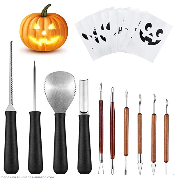 Petift Halloween Pumpkin Carving Tool Kit,5 Pieces,Heavy Duty Stainless Steel Tool for Halloween Plus 10 Pumpkin Carving Pattern ,Easily Carve Sculpt Halloween Jack-O-Lanterns for DIY Crafts,Black