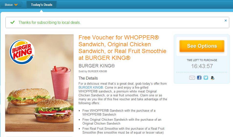 Burger King Coupons Chicken Sandwich, Whopper or Fruit Smoothie BOGO