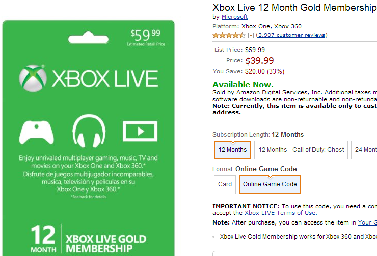 xbox live 12 month gold and game pass