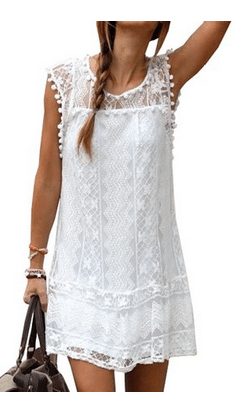 Round Neck Sleeveless Hollow Lace Splicing Mini T-shirt Dress/Top - A ...
