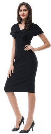 Women’s Black Double V Neck Short Sleeve Midi Office Pencil Dress – A ...
