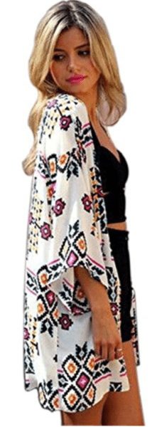 Camisunny Women's Chiffon Printed Kimono Cardigan - Light Green, Medium, Beach Cover Up & Casual Top - View #5