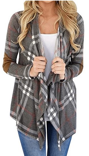 Open Front Plaid Print Long Sleeve Coat