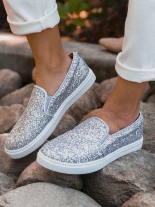 white glitter slip on shoes