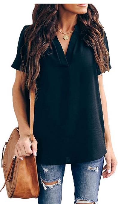 La Chilly Women's Summer V-Neck Chiffon Blouse - Casual Loose Tunic Top, Short Sleeve, Green, Small - View #9